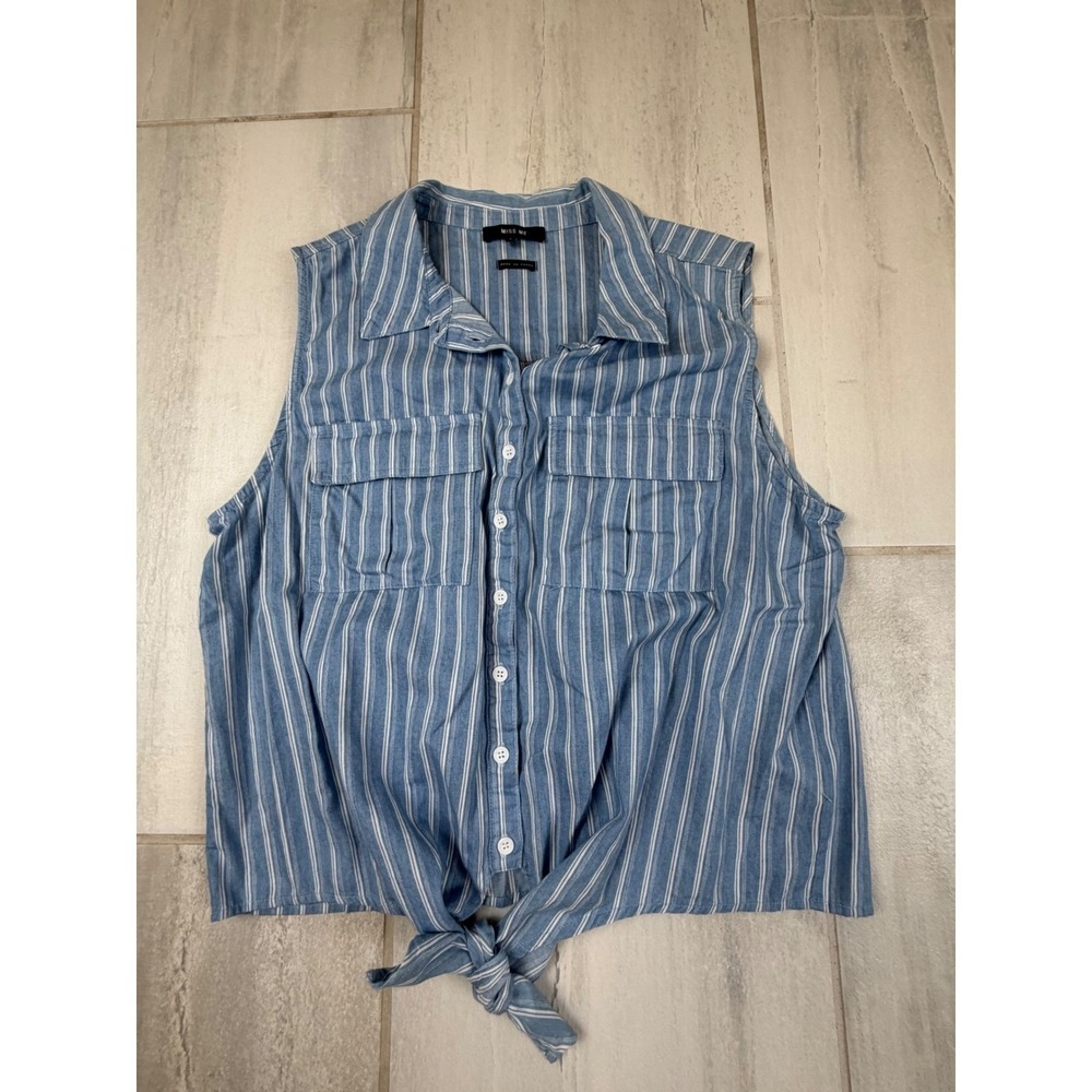 Miss Me Blue White Striped Sleeveless Tie Front Cotton Shirt MT0378T Womens L